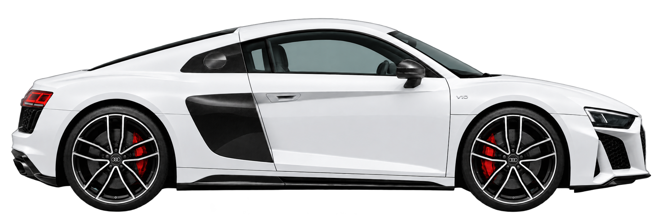 Audi R8 branco visto de lado, voltado para a direita